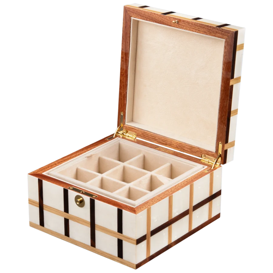 Sofia jewelry box, warm natural marquetry with gold fittings - small, cufflinks tray