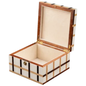 Sofia jewelry box, warm natural marquetry with gold fittings - small, jewelry storage