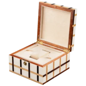 Sofia jewelry box, warm natural marquetry with gold fittings - small, watch tray