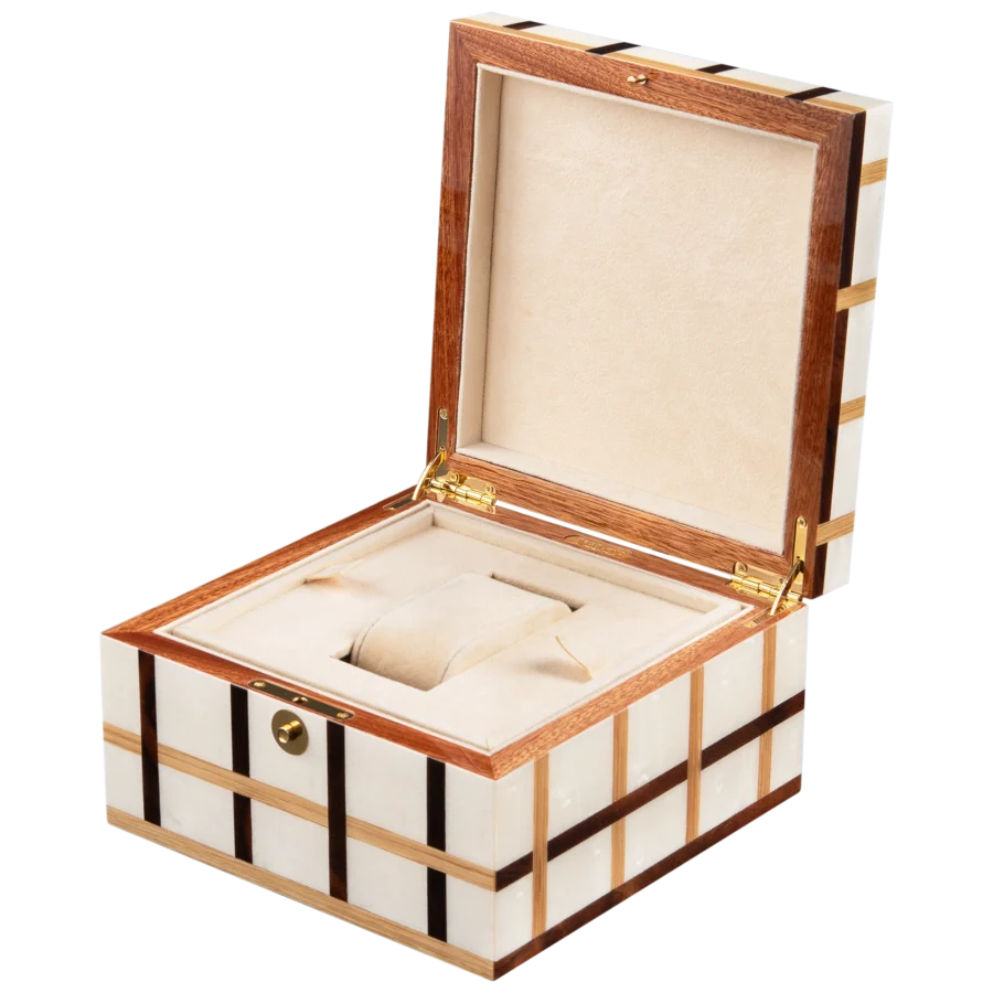 Sofia jewelry box, warm natural marquetry with gold fittings - small, watch tray