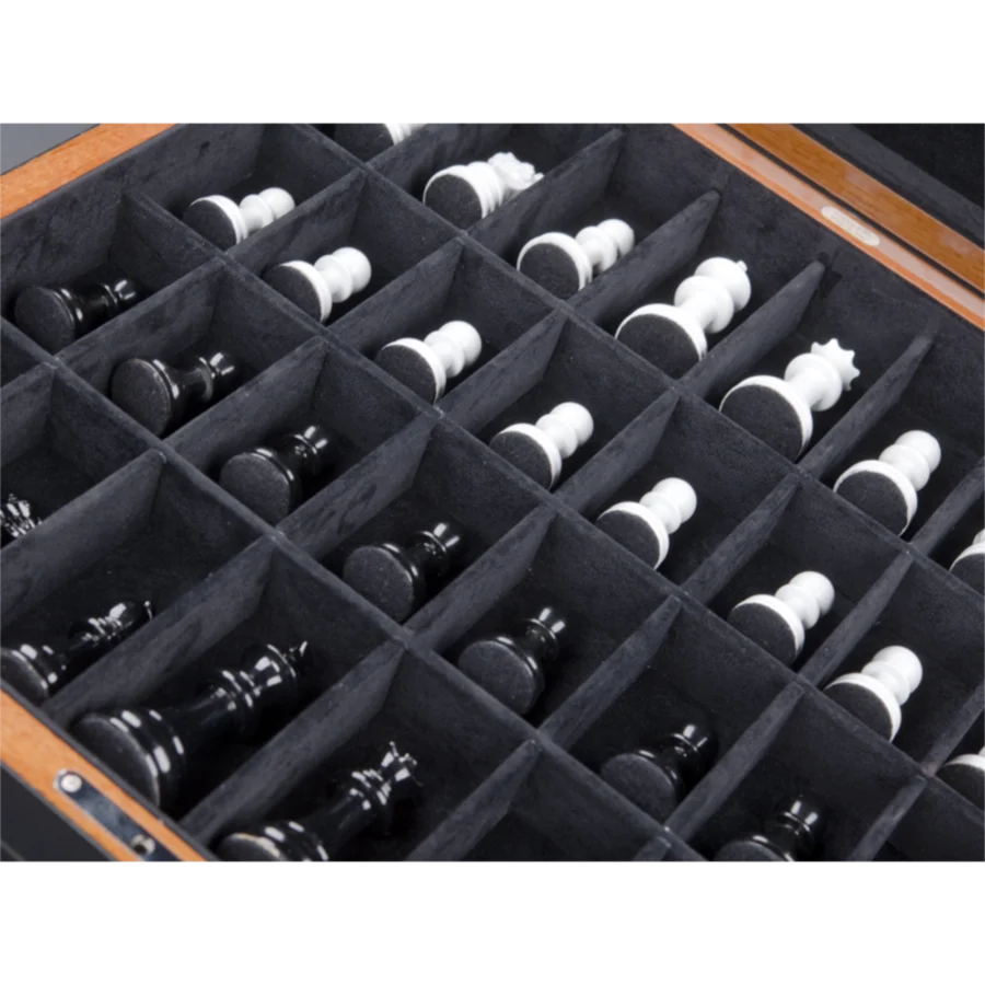 Detail of the Staunton chess pieces in turned wood, light and dark sets