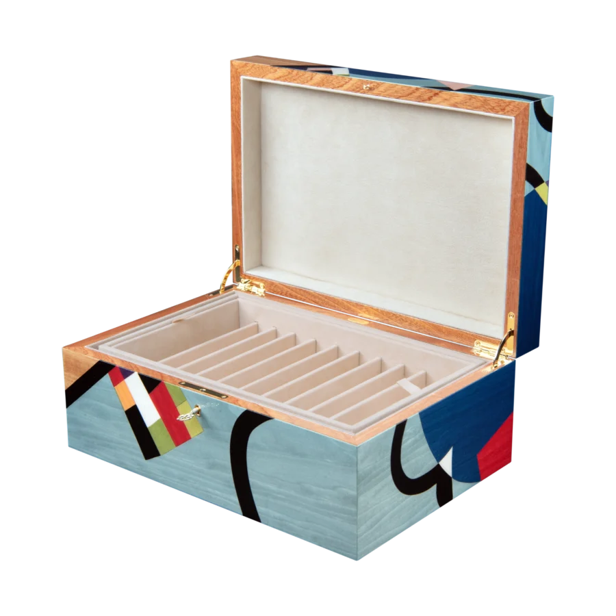 Utopia jewelry box, dark-wood marquetry - large, pen tray