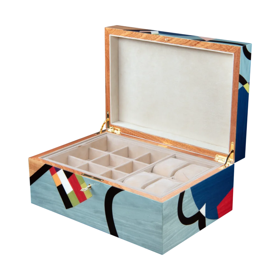 Utopia jewelry box, dark-wood marquetry - large, watch and cufflinks tray