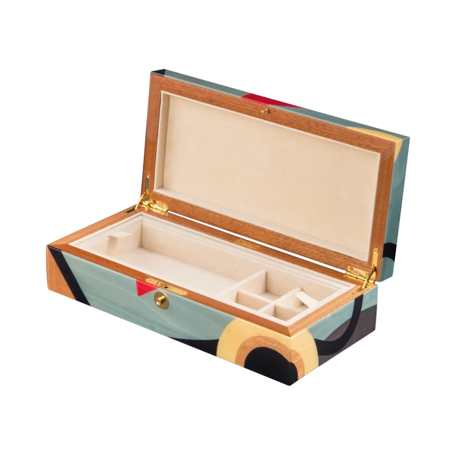 Utopia jewelry box, dark-wood marquetry - medium, cufflinks tray and open section