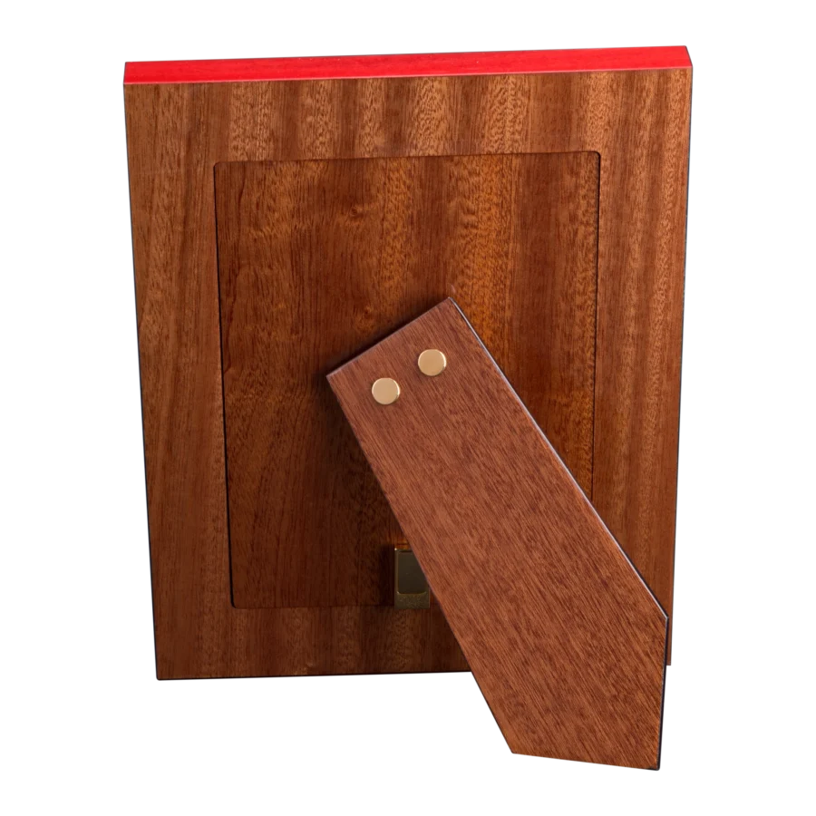Utopia photo frame, dark-wood marquetry - rear, with easel stand