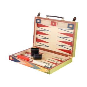Zag backgammon set open, full size with basic playing pieces, multicoloured zigzag marquetry board