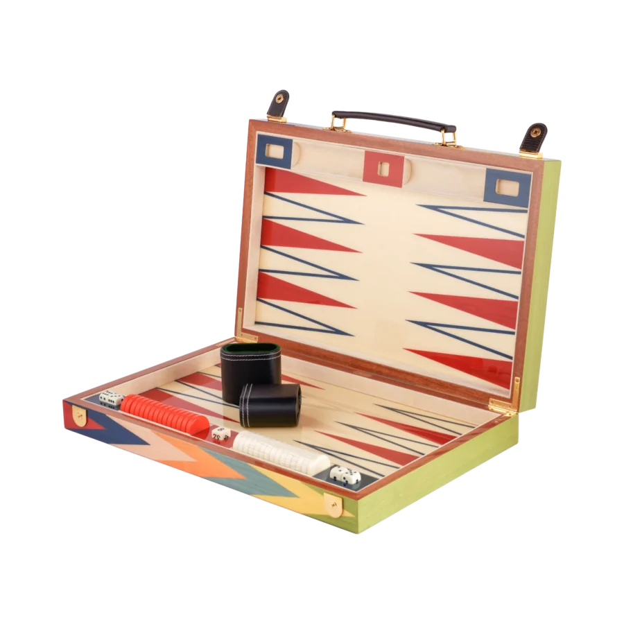 Zag backgammon set open, full size with basic playing pieces, multicoloured zigzag marquetry board