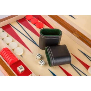 Zag full-size backgammon set, open board with basic playing pieces and zigzag inlay