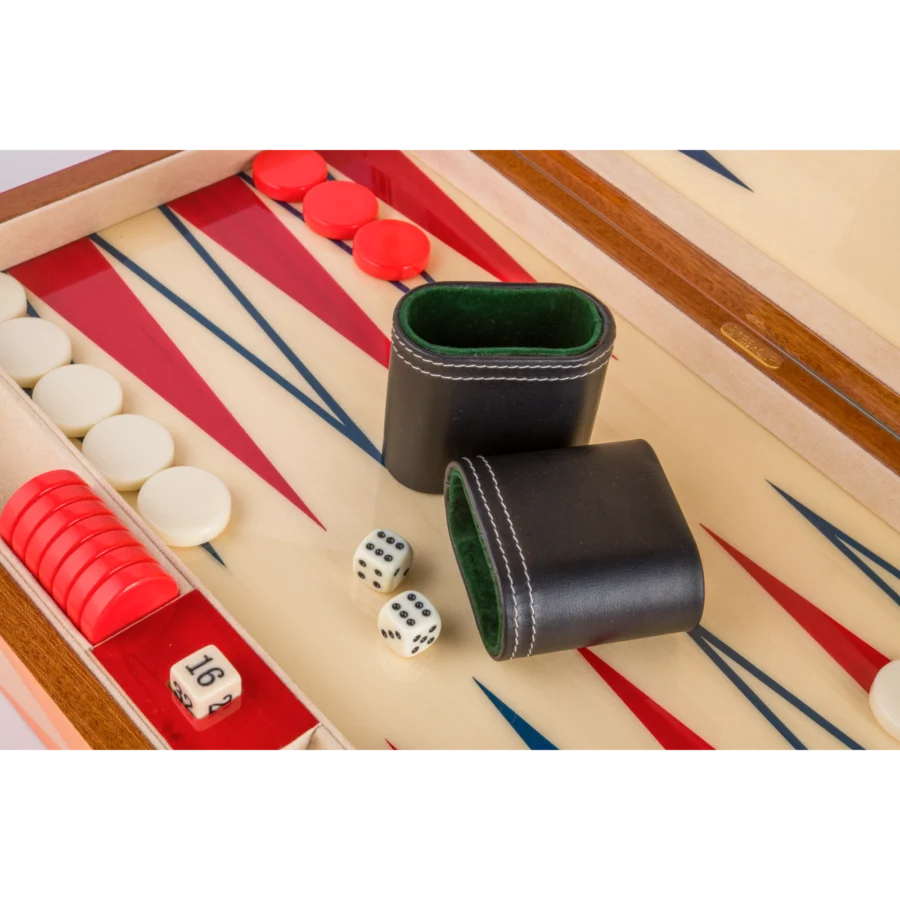 Zag full-size backgammon set, open board with basic playing pieces and zigzag inlay