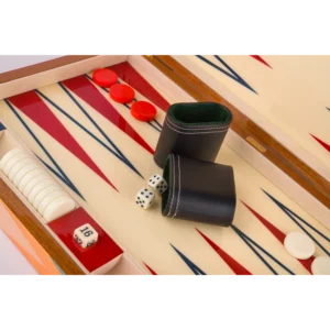 Zag full-size backgammon board from above, multicoloured zigzag marquetry playing surface