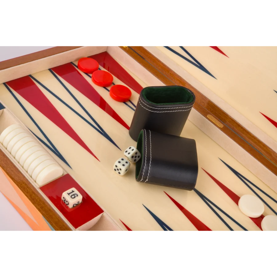 Zag full-size backgammon board from above, multicoloured zigzag marquetry playing surface