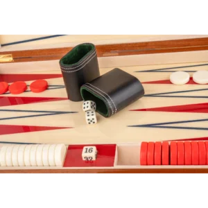 Zag backgammon set with basic playing pieces and dice on the zigzag inlaid board