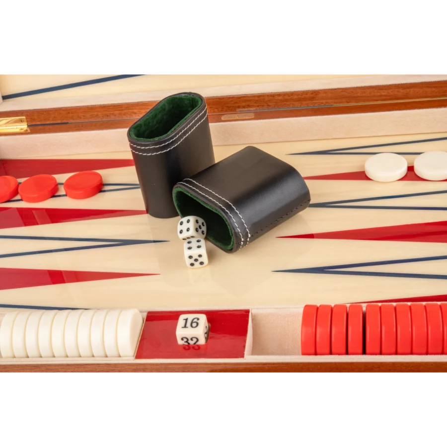 Zag backgammon set with basic playing pieces and dice on the zigzag inlaid board