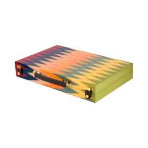 Zag backgammon set closed, full size, multicoloured zigzag marquetry lid