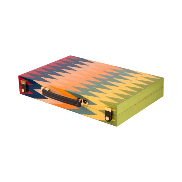 Zag backgammon set closed, full size, multicoloured zigzag marquetry lid