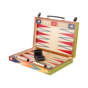 Zag backgammon set open, full size with lacquered wood playing pieces on the zigzag board