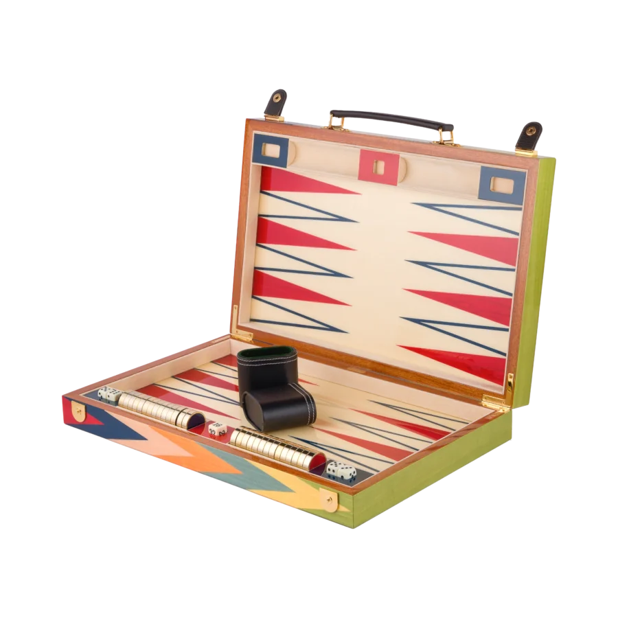 Zag backgammon set open, full size with lacquered wood playing pieces on the zigzag board