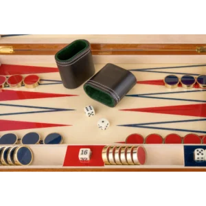 Zag full-size backgammon set, lacquered wood pieces on the multicoloured inlaid board