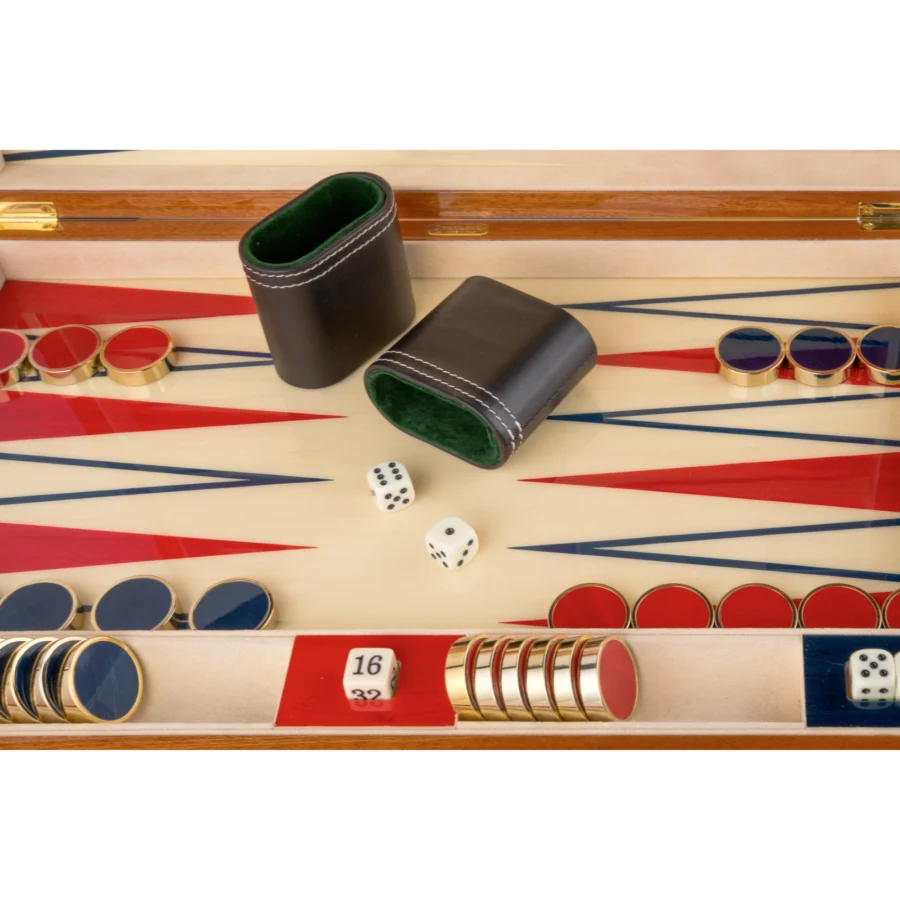 Zag full-size backgammon set, lacquered wood pieces on the multicoloured inlaid board