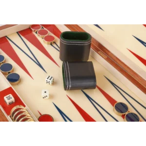 Zag backgammon board with lacquered wood checkers, zigzag marquetry from above