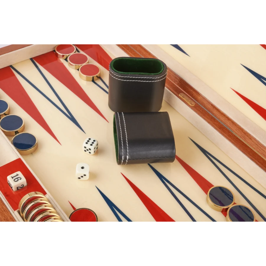 Zag backgammon board with lacquered wood checkers, zigzag marquetry from above