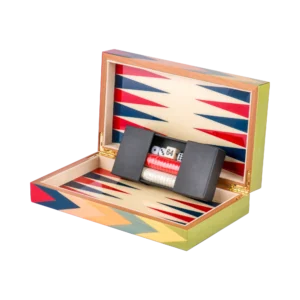 Zag travel backgammon set open, basic playing pieces, multicoloured zigzag marquetry