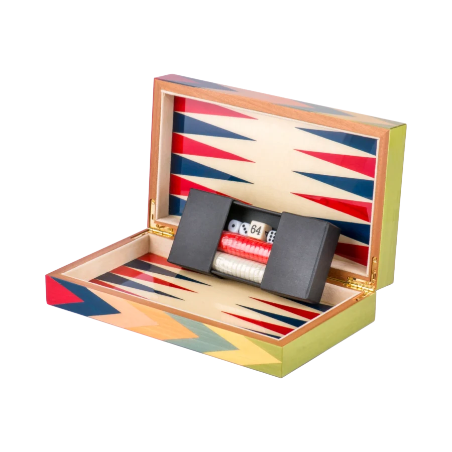 Zag travel backgammon set open, basic playing pieces, multicoloured zigzag marquetry