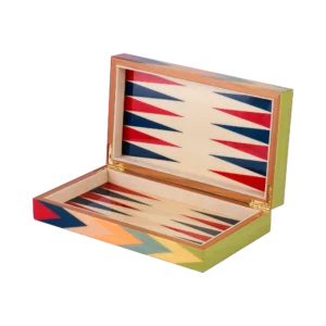 Zag travel backgammon set, compact open board with basic playing pieces in place