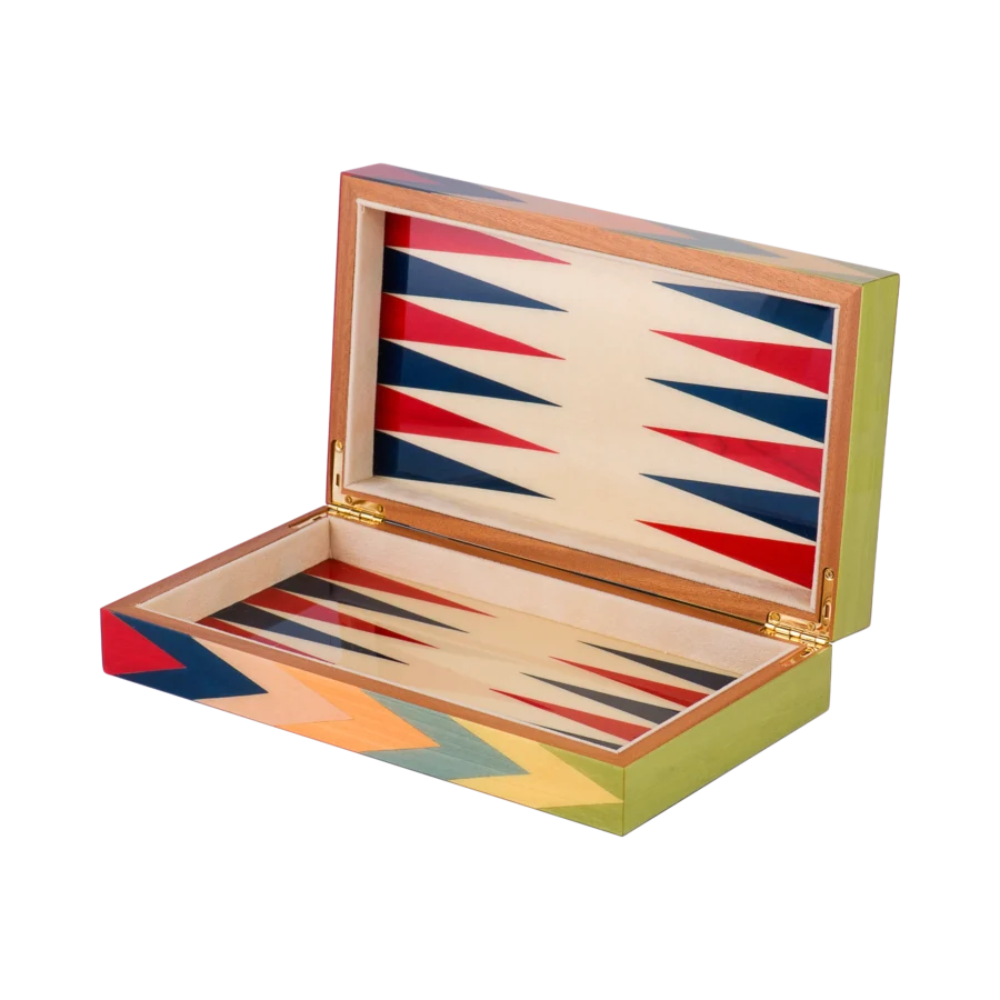 Zag travel backgammon set, compact open board with basic playing pieces in place