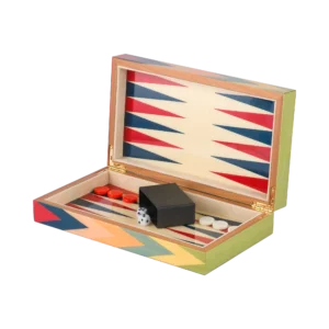 Zag travel backgammon board from above, zigzag inlay in bright woods