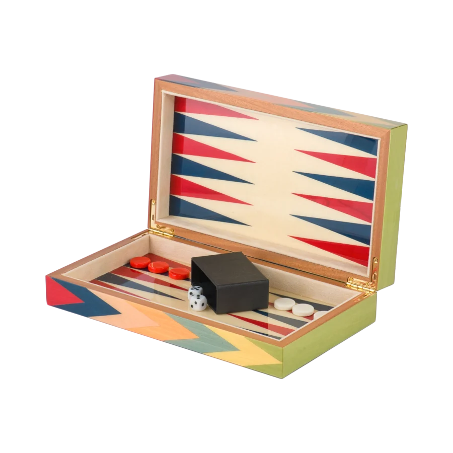Zag travel backgammon board from above, zigzag inlay in bright woods