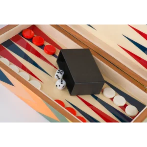 Zag travel backgammon set with basic pieces and dice on the inlaid board