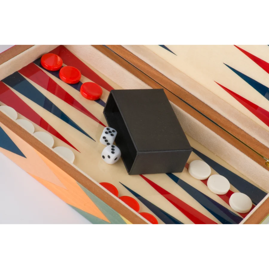 Zag travel backgammon set with basic pieces and dice on the inlaid board