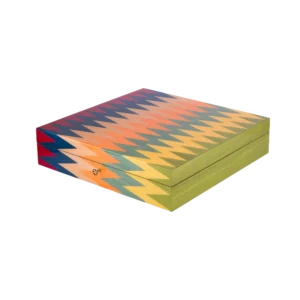 Zag chess box closed, multicoloured zigzag marquetry lid