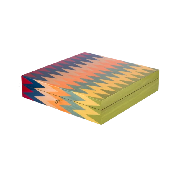 Zag chess box closed, multicoloured zigzag marquetry lid