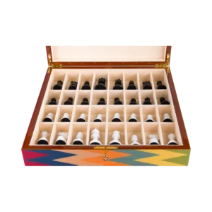 Detail of the Zag chess box, zigzag inlay cut piece by piece