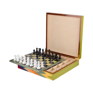 Zag chess box open, inlaid chessboard and storage compartment