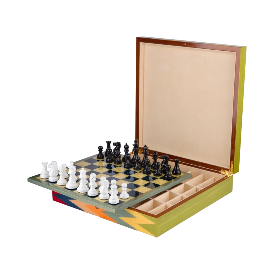 Zag chess box open, inlaid chessboard and storage compartment