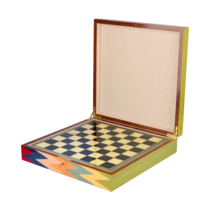 Zag chess box open from above, marquetry chessboard with zigzag border
