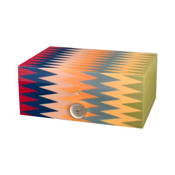 Zag cigar humidor closed, multicoloured zigzag marquetry lid