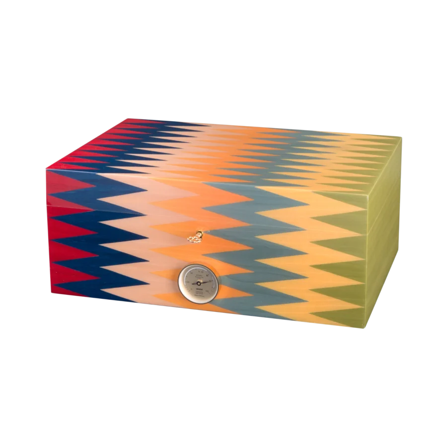 Zag cigar humidor closed, multicoloured zigzag marquetry lid