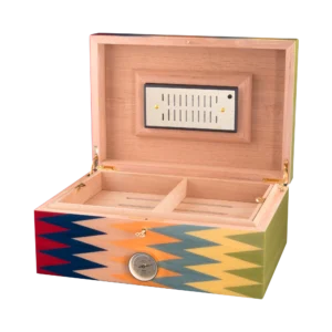 Zag cigar humidor open from above, zigzag marquetry lid and lined interior