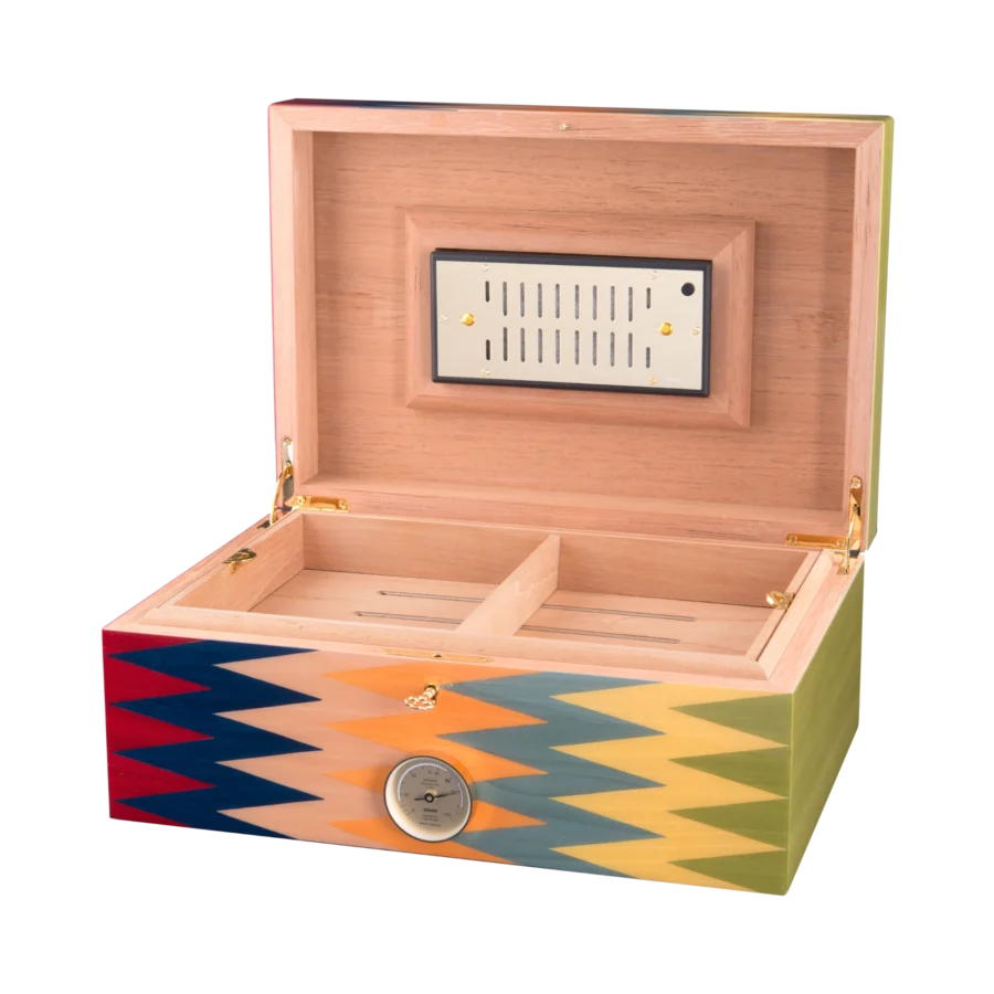 Zag cigar humidor open from above, zigzag marquetry lid and lined interior