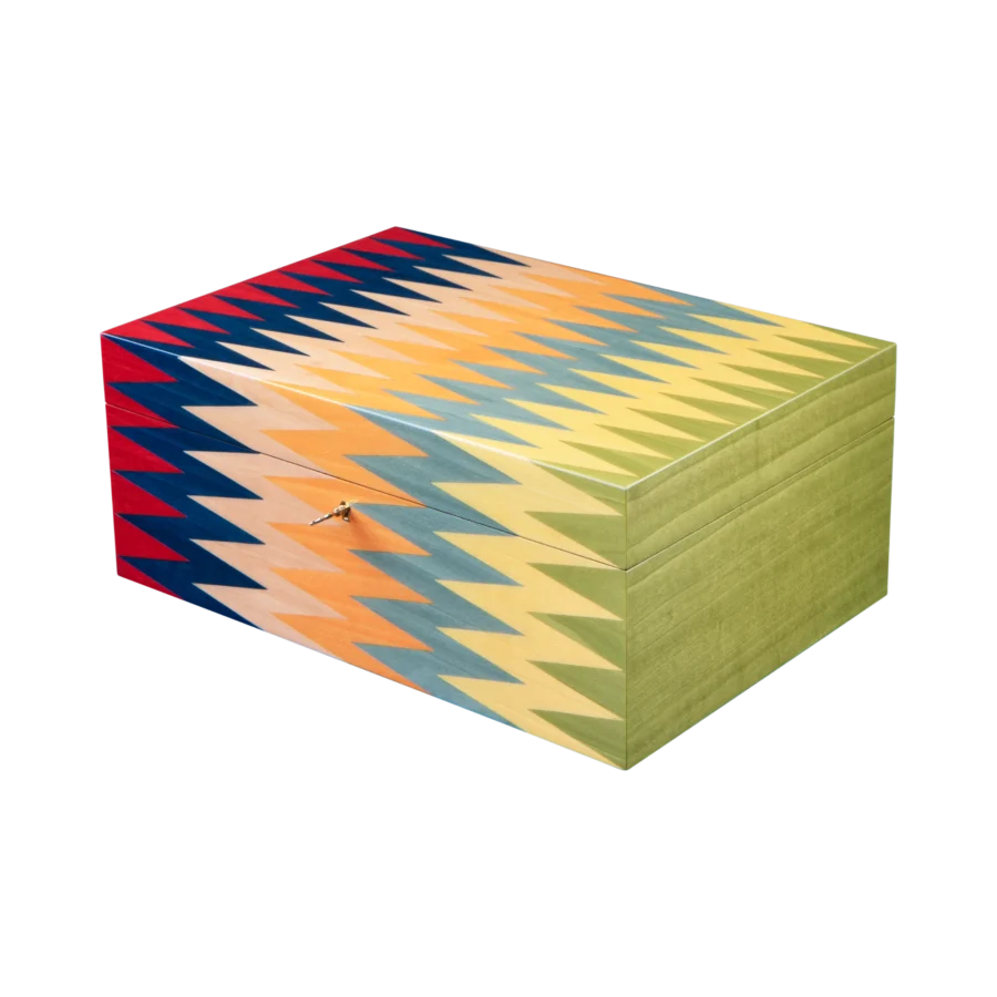 Zag jewelry box, multicolour zigzag marquetry, handcrafted in Sorrento - large, closed