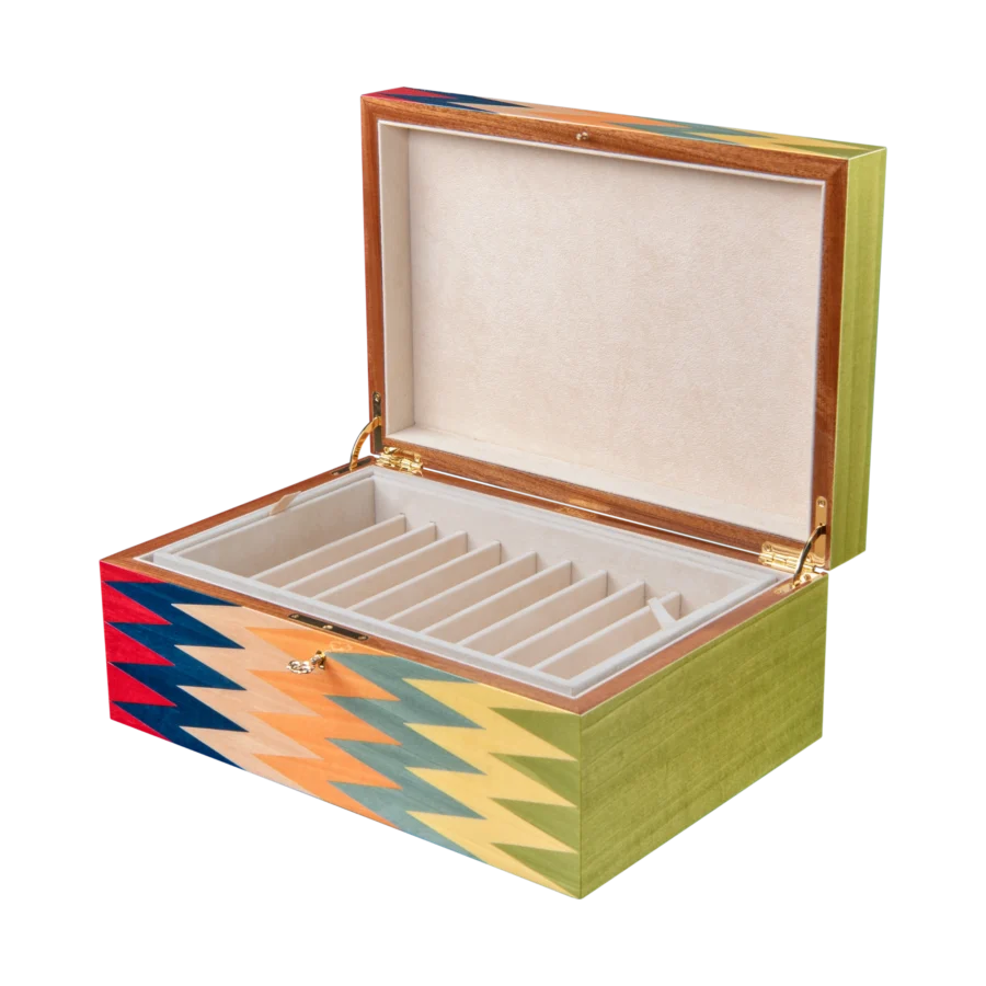 Zag jewelry box, multicolour zigzag marquetry - large, pen tray