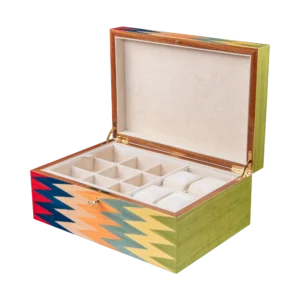 Zag jewelry box, multicolour zigzag marquetry - large, watch and cufflinks tray
