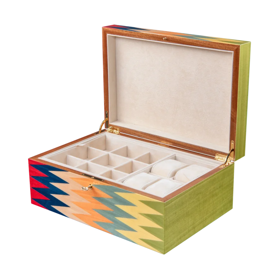 Zag jewelry box, multicolour zigzag marquetry - large, watch and cufflinks tray