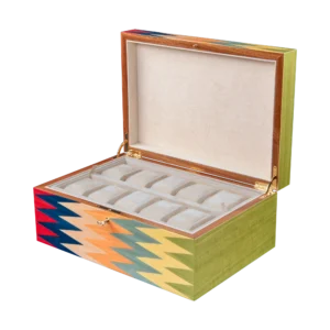 Zag jewelry box, multicolour zigzag marquetry - large, watch tray