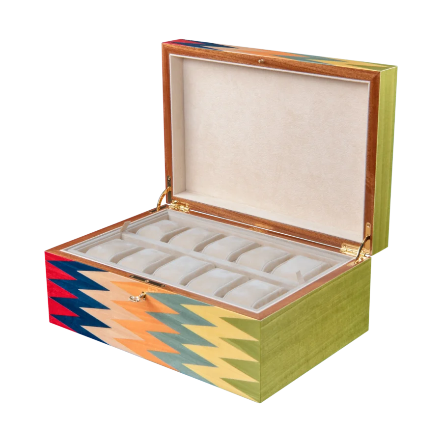Zag jewelry box, multicolour zigzag marquetry - large, watch tray