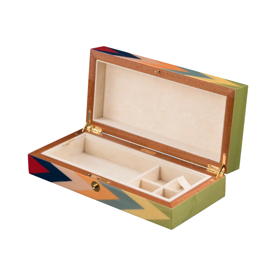 Zag jewelry box, multicolour zigzag marquetry - medium, cufflinks tray and open section